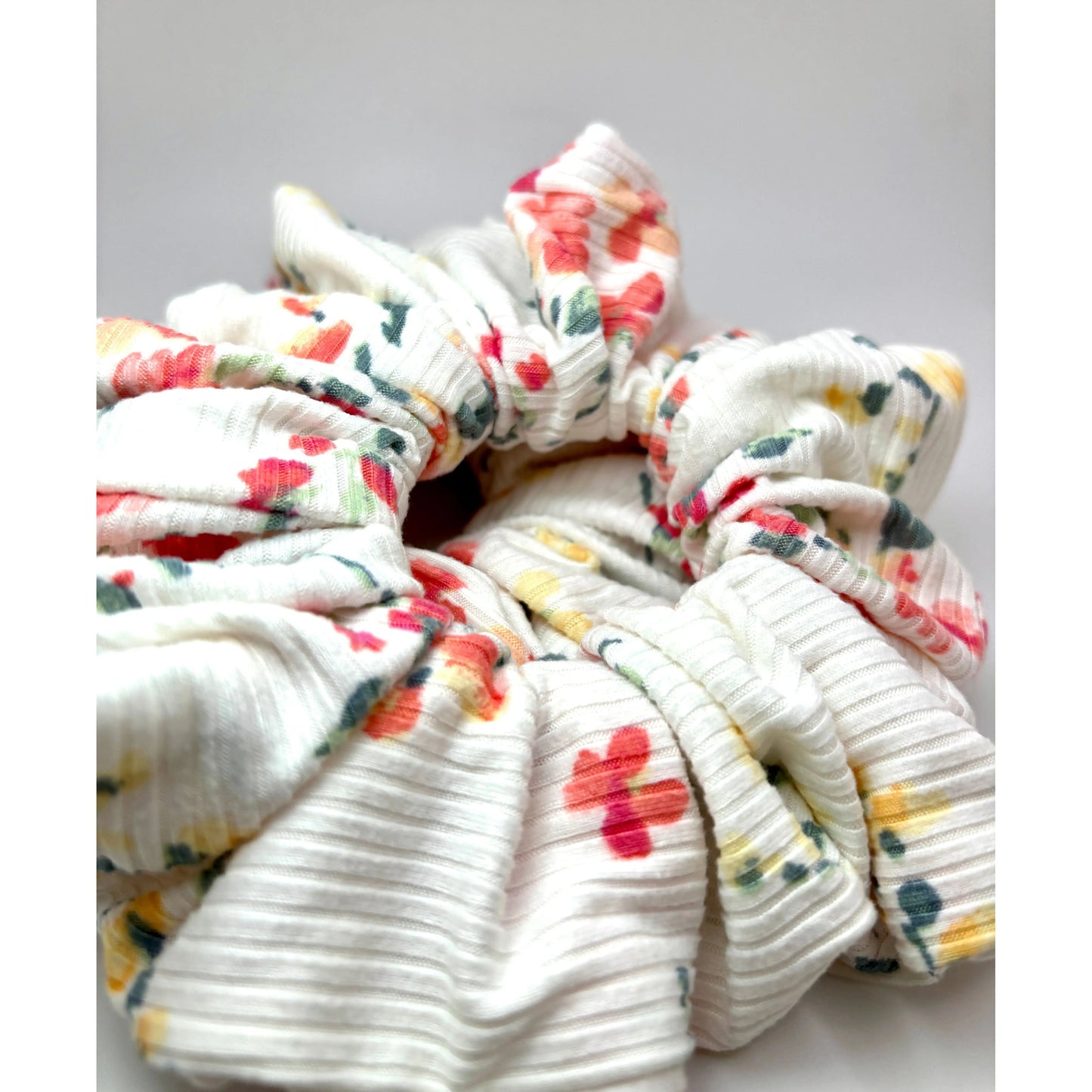 White Floral Summer Ribbed Scrunchie Enchanted Scrunch