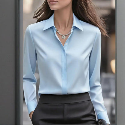 Loose Fit Satin Blouse — V-Neck Long Sleeve Tunic Top for Office & Casual Wear FitiqueFit