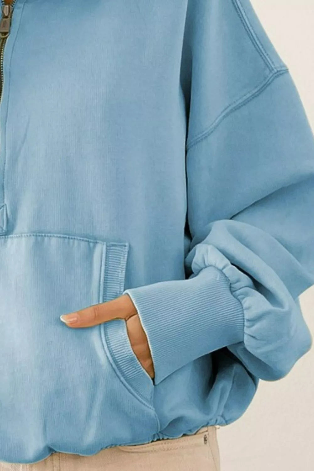 BiBi Stitch Detailed Elastic Hem Half Zip Fleece Hoodie See size chart under “more details” The Fashion Celestial