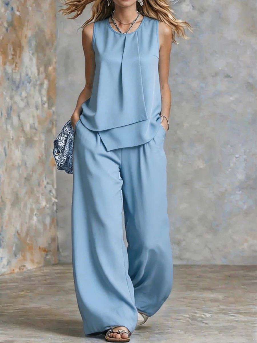 Women's Sleeveless Two-Piece Set – Solid Color Wide-Leg Pants & Top FitiqueFit