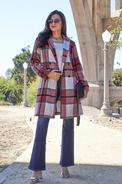 Double Take Full Size Plaid Button Up Lapel Collar Coat West2East Surf