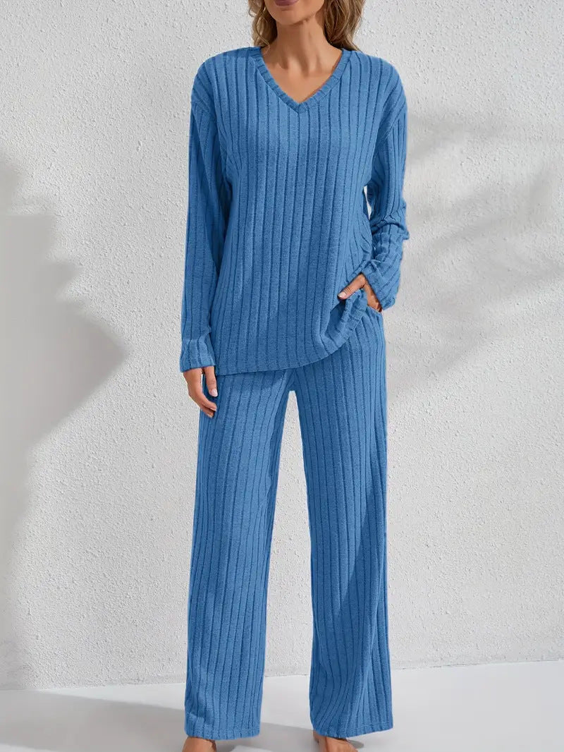 Women’s Ribbed Long Sleeve Top and Pants Loungewear Set FitiqueFit