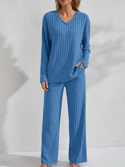 Women’s Ribbed Long Sleeve Top and Pants Loungewear Set FitiqueFit