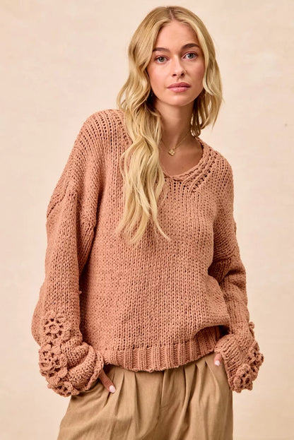 BiBi Chunky Knit Sweater with Flower Detail Sleeves FitiqueFit