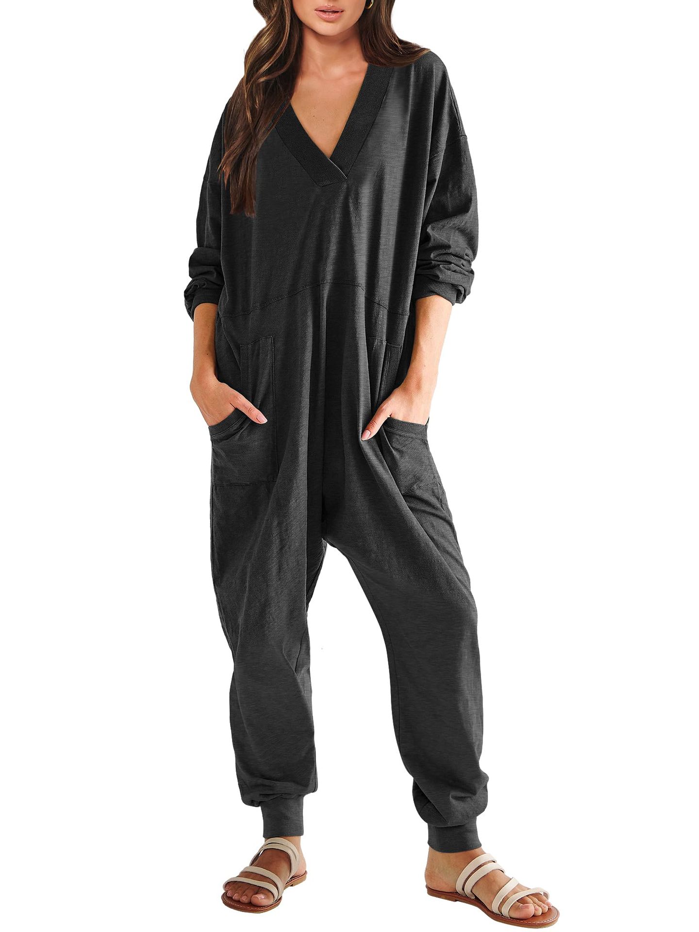 Women’s V-Neck Long Sleeve Solid Color Loose Jumpsuit With Two Side Pockets FitiqueFit