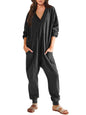 Women’s V-Neck Long Sleeve Solid Color Loose Jumpsuit With Two Side Pockets FitiqueFit