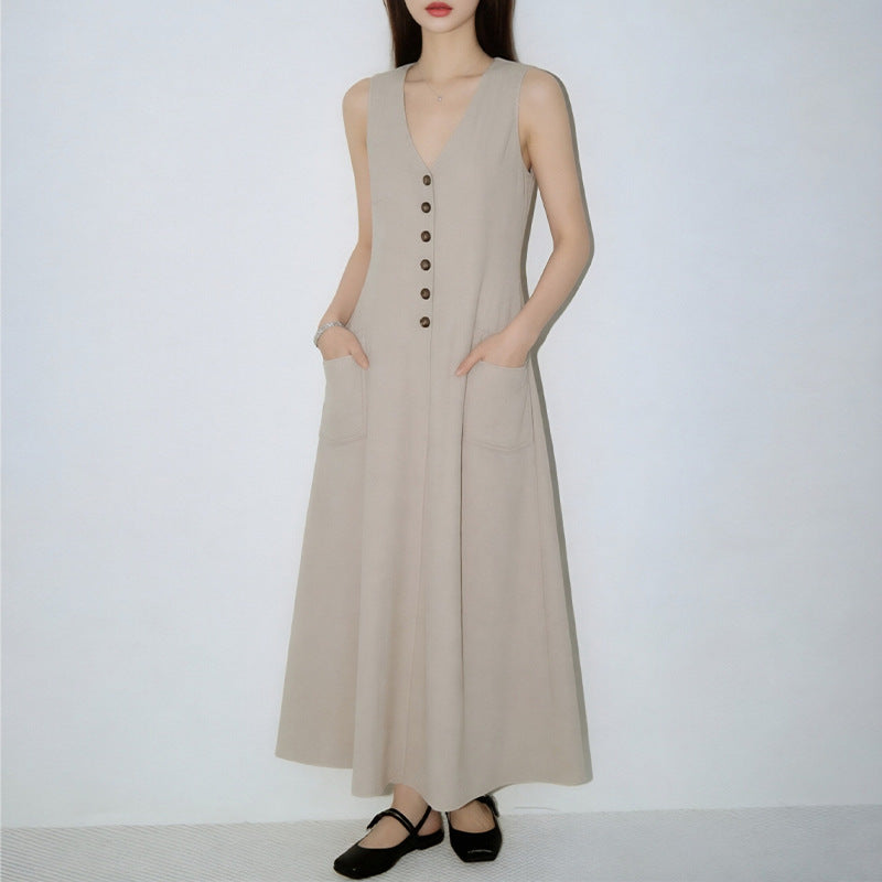 Women's V-Neck Sleeveless Button-Up Pencil Dress FitiqueFit