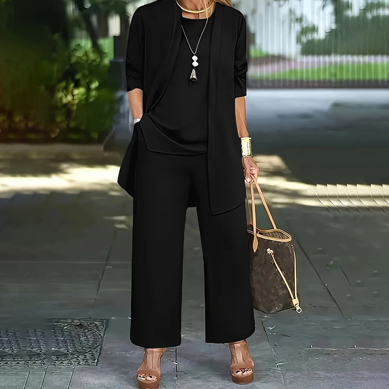 Women's Plus Size 3-Piece Lounge Set – Cardigan, Vest & Wide-Leg Pants FitiqueFit