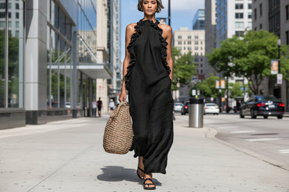 Women's Resort Ruffled Halterneck Sleeveless Open-Back Maxi Dress FitiqueFit