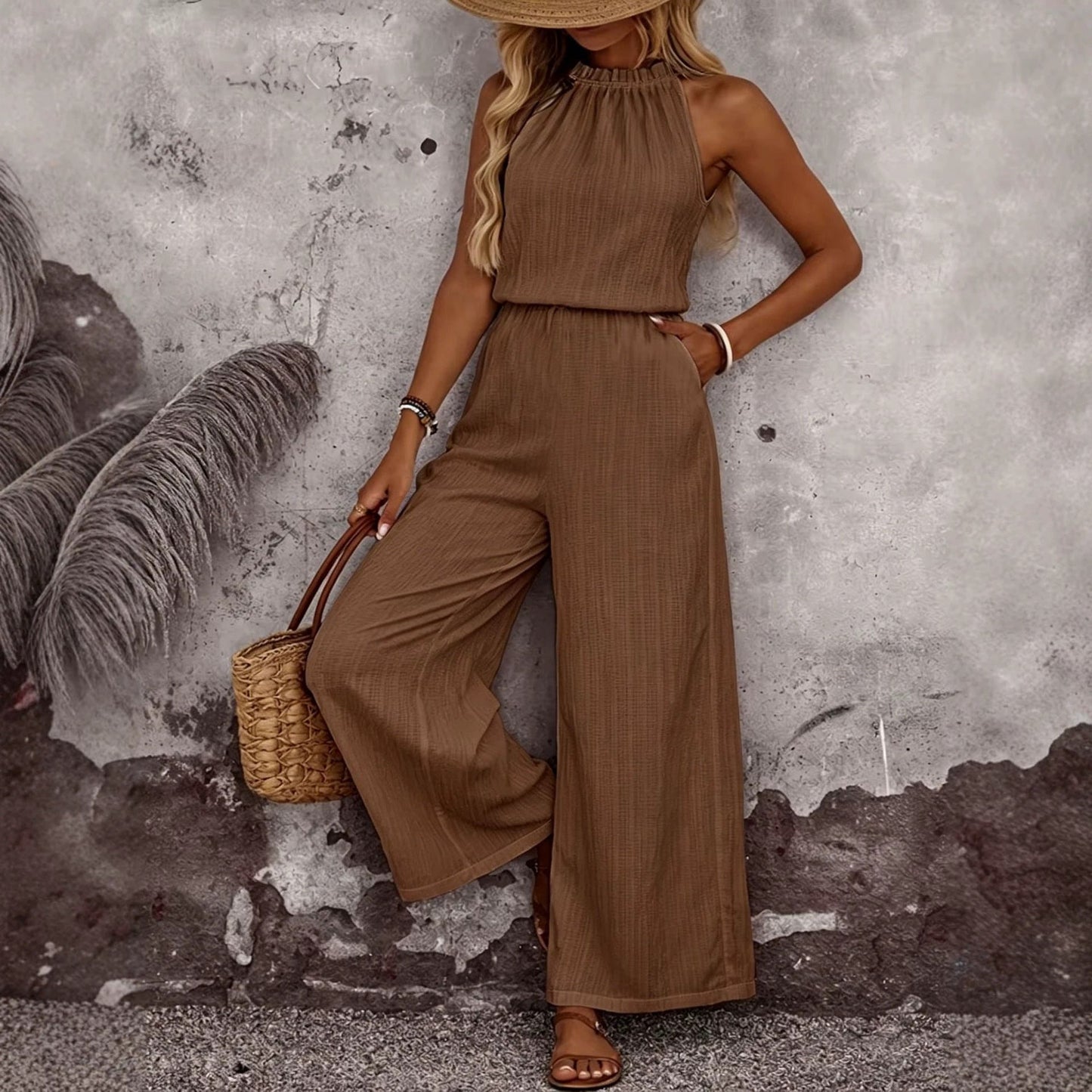 Women's Draped Neck Sleeveless Vest & Casual Pants Two-Piece Set FitiqueFit