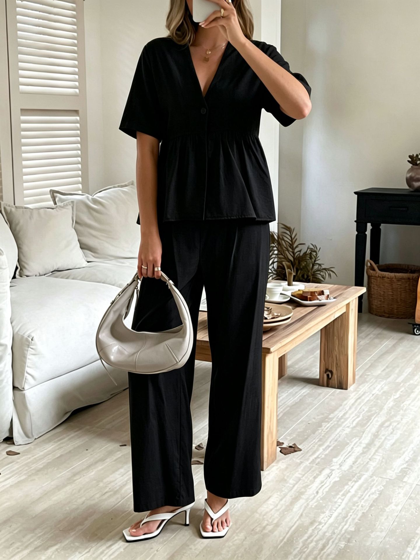 Women's V-Neck Loose Short-Sleeve Top & Wide-Leg Pants Set FitiqueFit