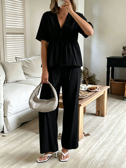 Women's V-Neck Loose Short-Sleeve Top & Wide-Leg Pants Set FitiqueFit