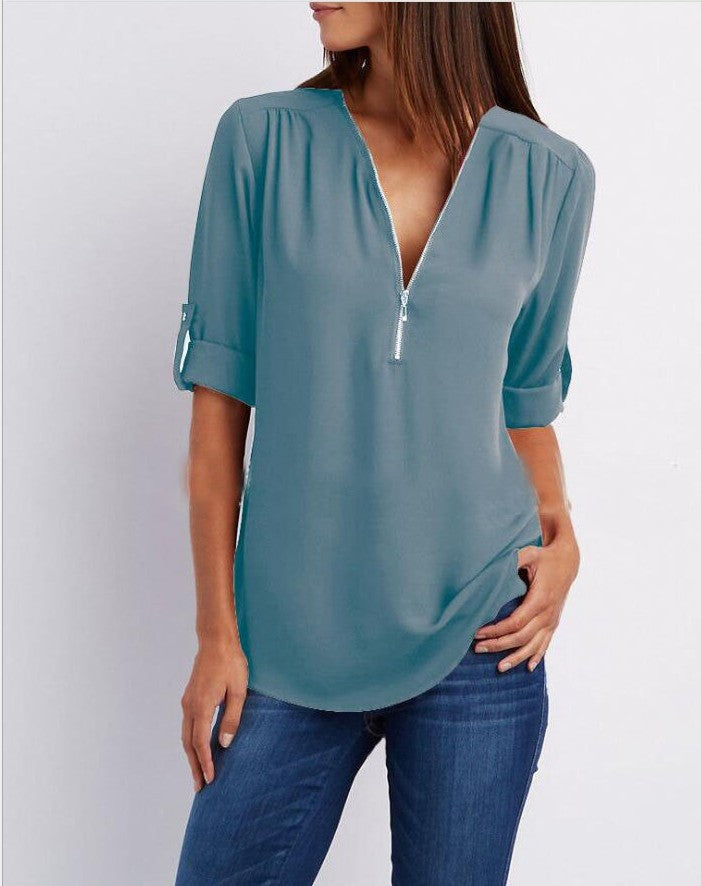 Women's Short-Sleeve Zip V-Neck Loose Top FitiqueFit