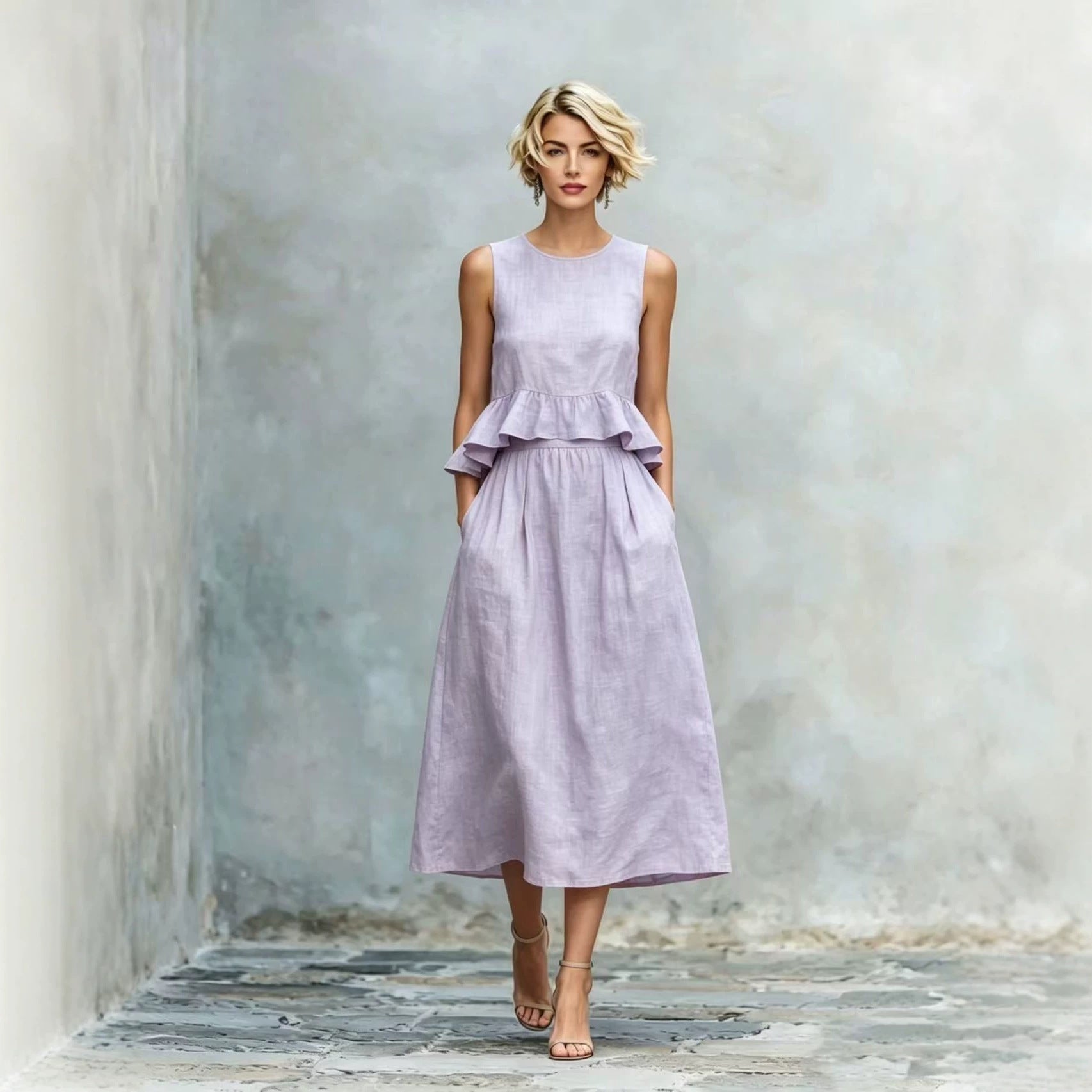 Women's Sleeveless High-Waist Ruffle Trim Maxi Dress FitiqueFit