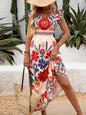 Women's V-Neck Floral Print A-Line Midi Dress – High Waist Sleeveless FitiqueFit