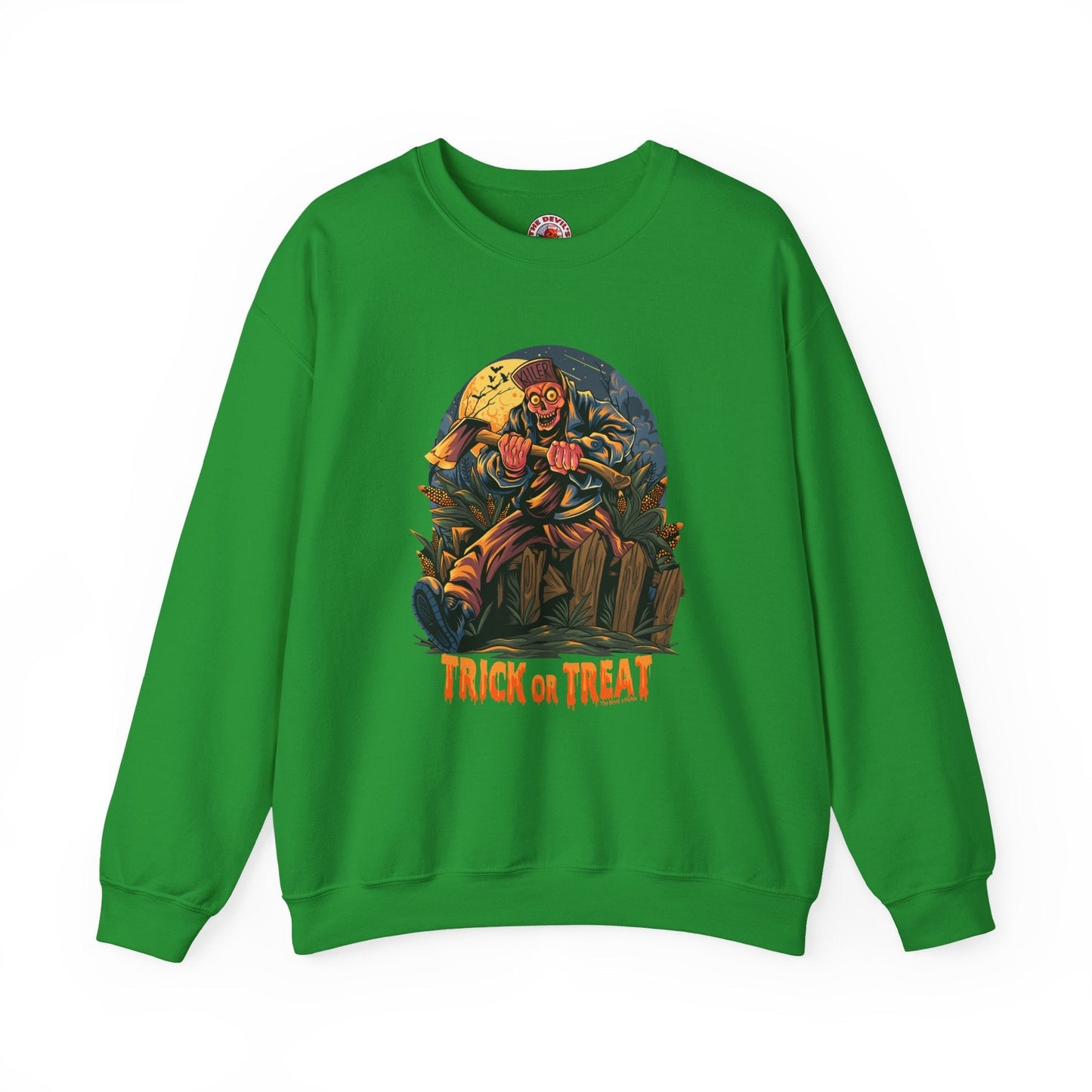 Axe Wielding Zombie Trick or Treat Crewneck Sweatshirt The Devil's Pickle