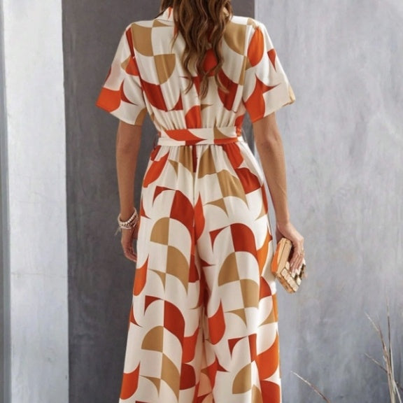 Women's Geometric Print Lace-Up Shirt Jumpsuit – Wide-Leg High-Waist Boho FitiqueFit
