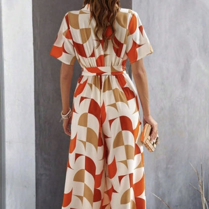 Women's Geometric Print Lace-Up Shirt Jumpsuit – Wide-Leg High-Waist Boho FitiqueFit