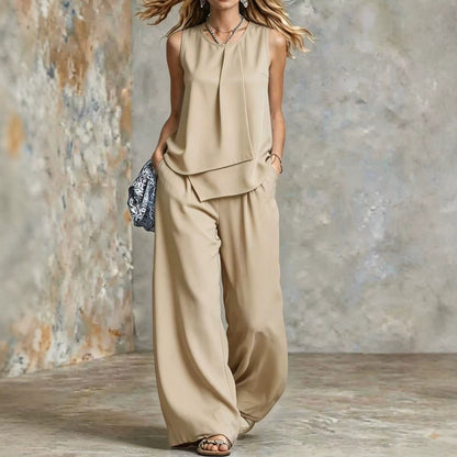 Women's Sleeveless Two-Piece Set – Solid Color Wide-Leg Pants & Top FitiqueFit