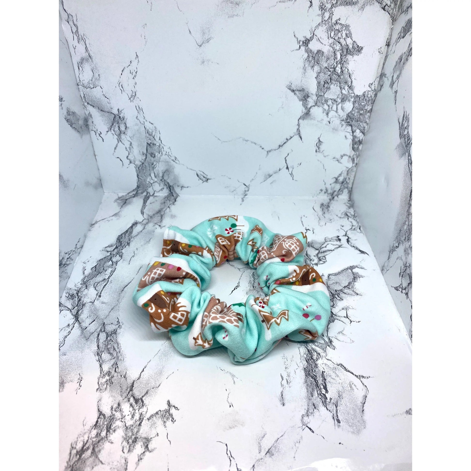 Mini Blue Gingerbread House Christmas Scrunchie Enchanted Scrunch