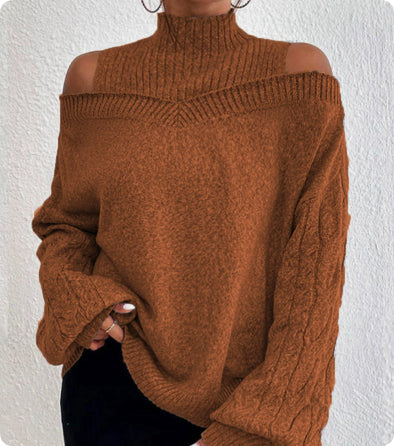 Women’s Elegant Off-Shoulder Turtleneck Sweater — Long Sleeve Knit Top FitiqueFit