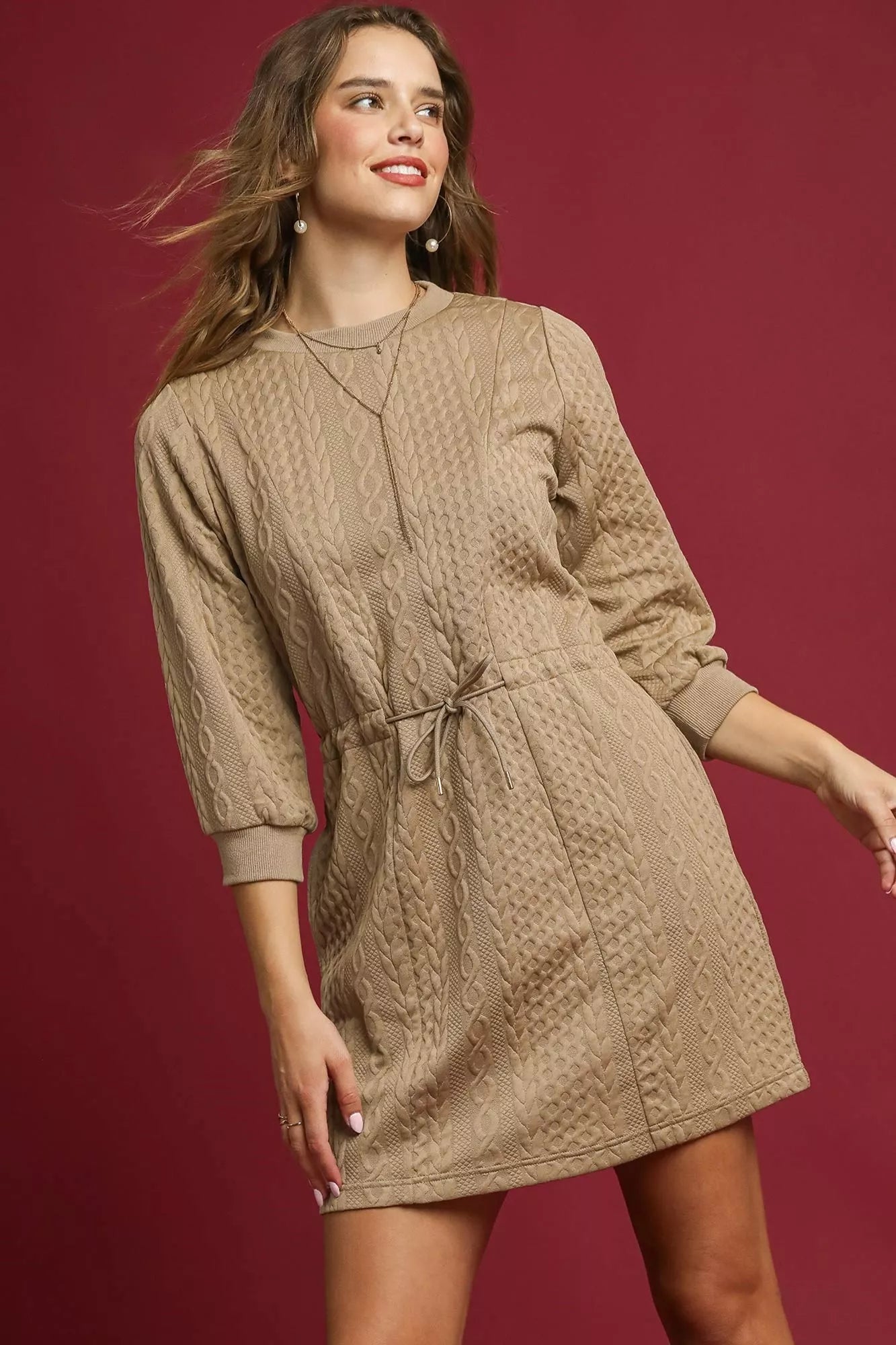 Umgee Drawstring Cable Knit Mini Dress with Pockets West2East Surf