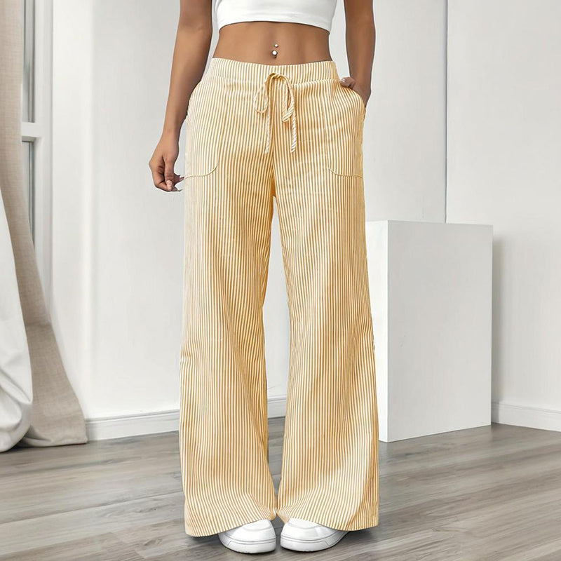 Women's Striped Print Straight Wide Leg Pockets Pants Casual Long Pants FitiqueFit
