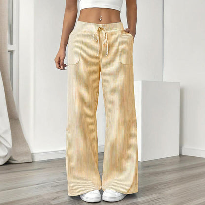 Women's Striped Print Straight Wide Leg Pockets Pants Casual Long Pants FitiqueFit