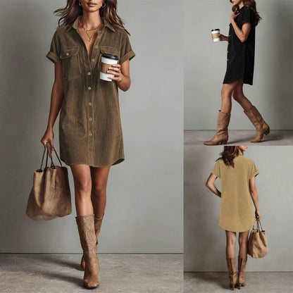 Women’s Retro Casual Corduroy Short Sleeve Shirt Dress FitiqueFit