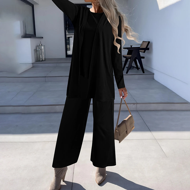 Women's Plus Size 3-Piece Lounge Set – Cardigan, Vest & Wide-Leg Pants FitiqueFit