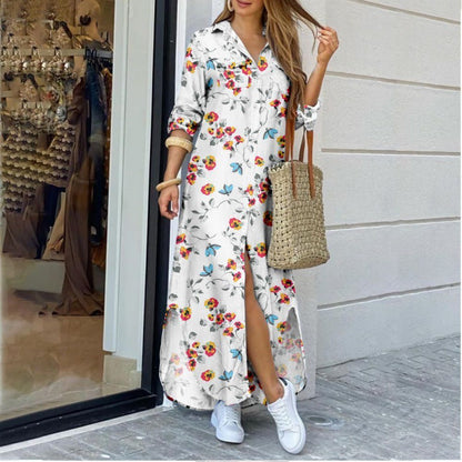 Women's Lapel-Collar Long Shirt Dress – Floral Print Midi Relaxed Fit FitiqueFit