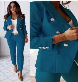 Double-Breasted Lapel Blazer & Zip-Up Trousers Suit FitiqueFit