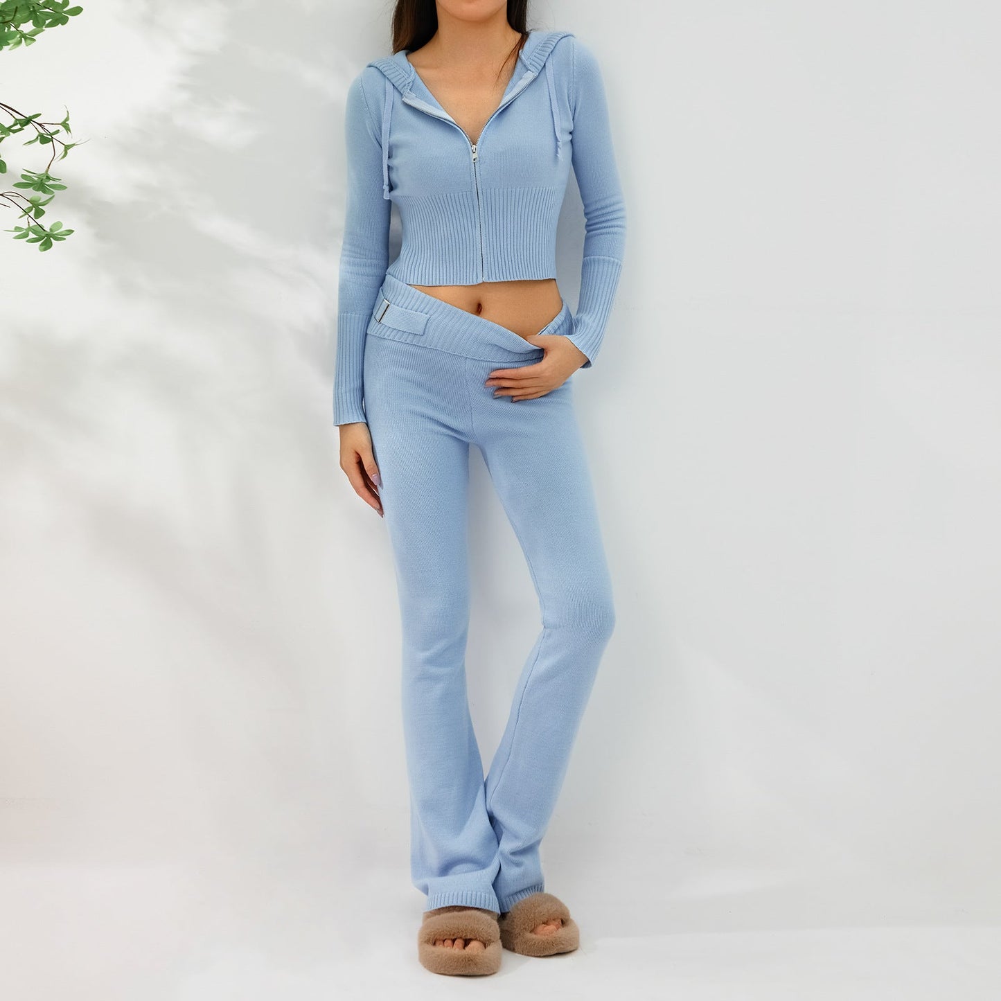 Women’s Knitted Hooded Two-Piece Set – Cardigan & High-Waisted Pants Suit FitiqueFit