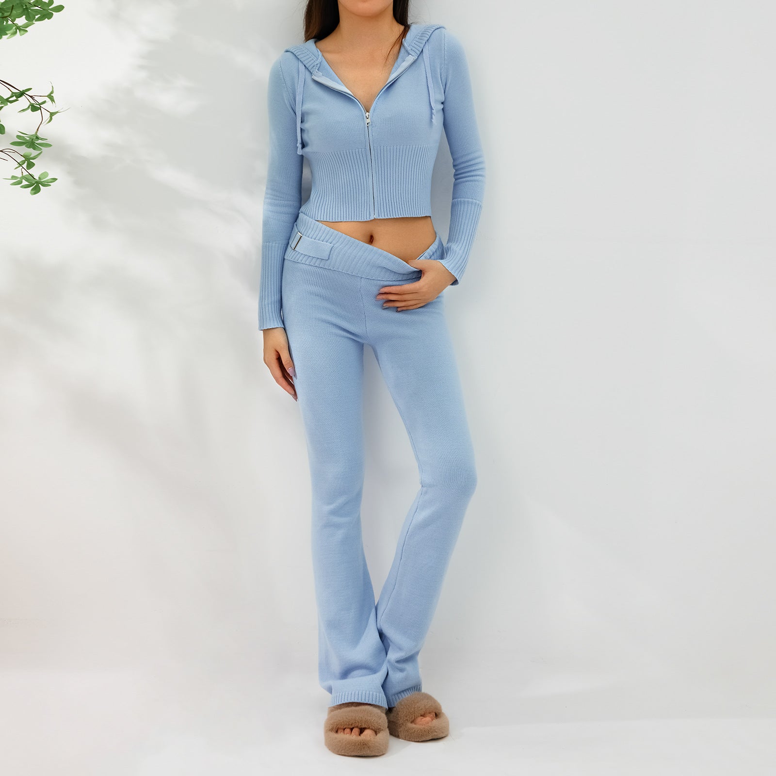 Women’s Knitted Hooded Two-Piece Set – Cardigan & High-Waisted Pants Suit FitiqueFit