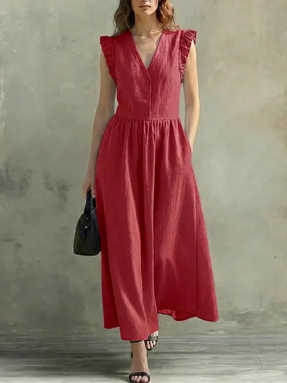 V-Neck Puff-Sleeve Dress with Pockets – Cotton Linen, 7 Colors FitiqueFit