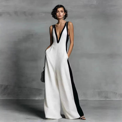 Women's Color-Block Sleeveless V-Neck Wide-Leg Jumpsuit – French Style Long Pants FitiqueFit