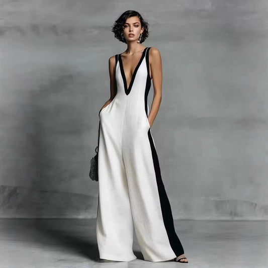 Women's Color-Block Sleeveless V-Neck Wide-Leg Jumpsuit – French Style Long Pants FitiqueFit