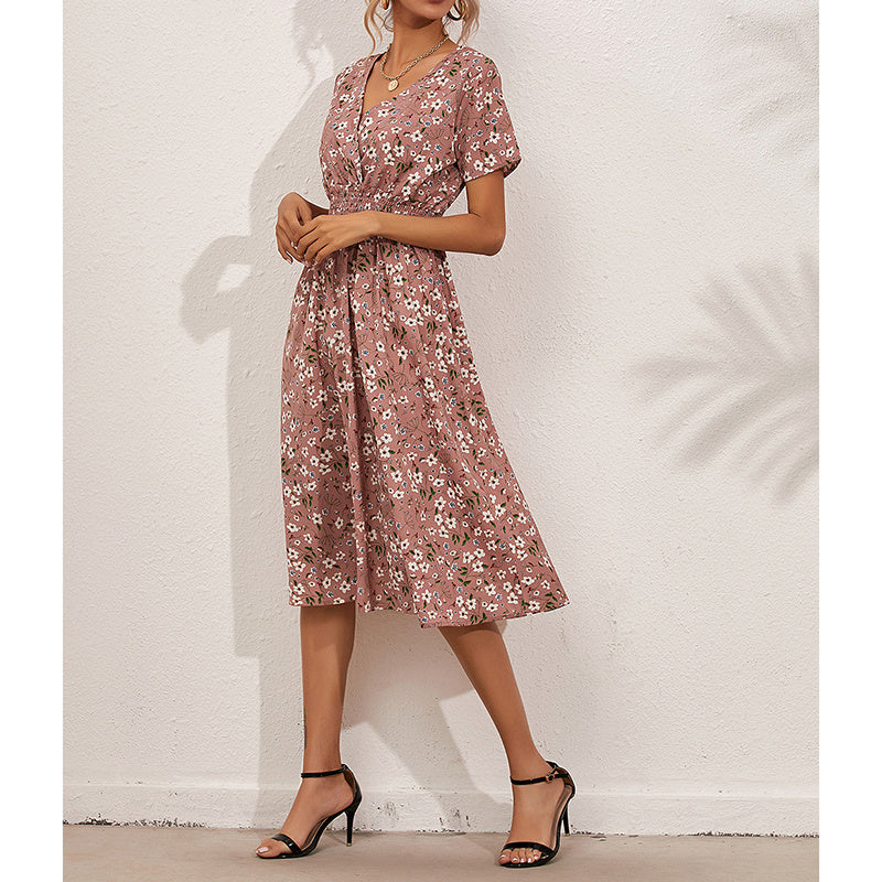 Boho V Neck Floral Print Short Sleeve Mini Dress Cute Smocked Waist Short Dress Grayceful LLC