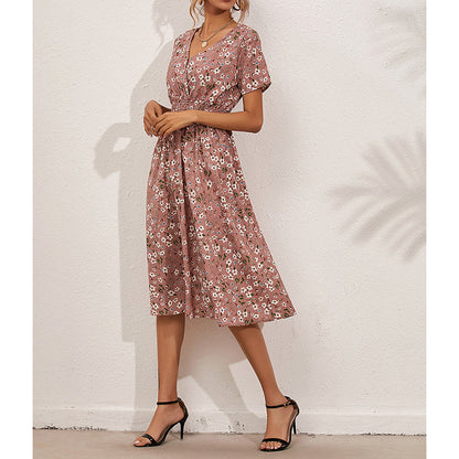 Boho V Neck Floral Print Short Sleeve Mini Dress Cute Smocked Waist Short Dress Grayceful LLC