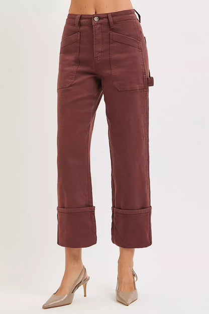 RISEN Full Size High Rise Wide Straight Cuffed Patch Jeans Plus Size West2East Surf