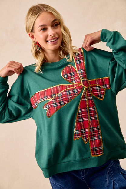 BiBi Plaid Ribbon Bow Detail Christmas Fleece Pullover FitiqueFit