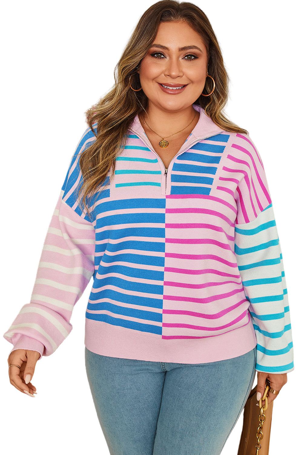 Sky Blue Stripe Colorblock Patchwork Plus Size Half Zip Sweater Garden Naked Curves