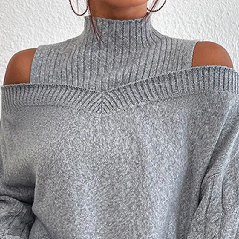Women's Cold Shoulder Sweater - High Neck Cut Out Pullover Long Sleeve FitiqueFit
