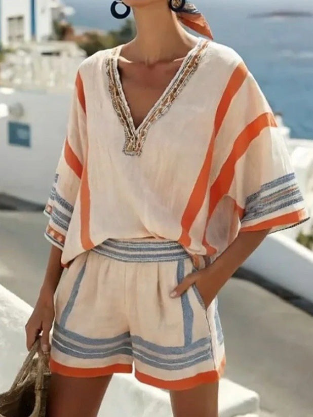 Women’s Linen Striped V Neck Top and Shorts Set FitiqueFit