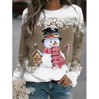 Snowman Printed Panel Loose Sweater – Casual Holiday Knit for Women FitiqueFit