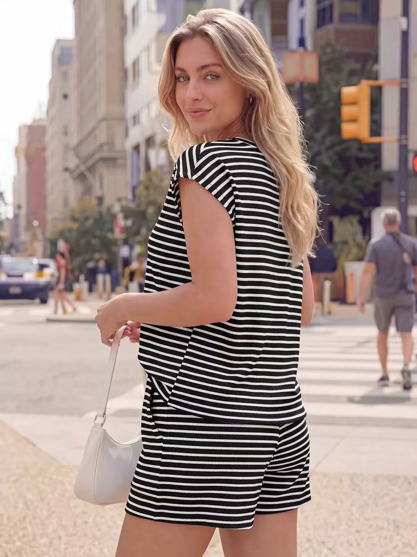 Striped Round Neck Tee and Shorts Set New Era Fashion LLc