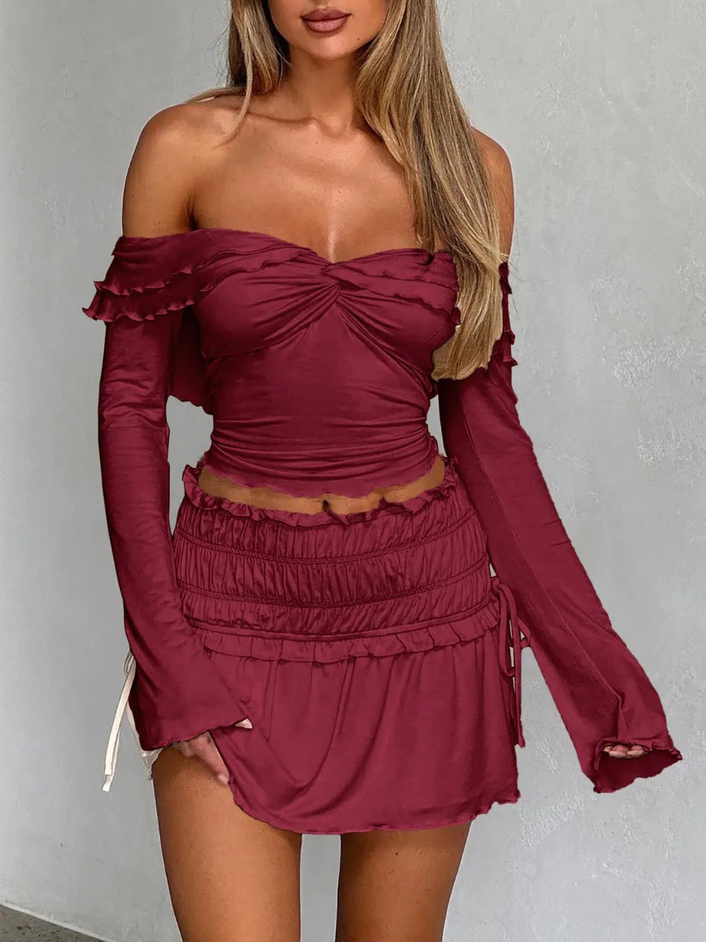 Devine Twisted Ruffled Off-Shoulder Long Sleeve T-Shirt New Era Fashion LLc