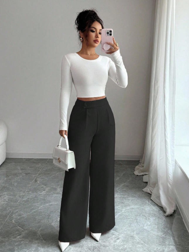 Women's High-Waist Straight-Leg Pants – Solid Color Button Detail Full Length FitiqueFit
