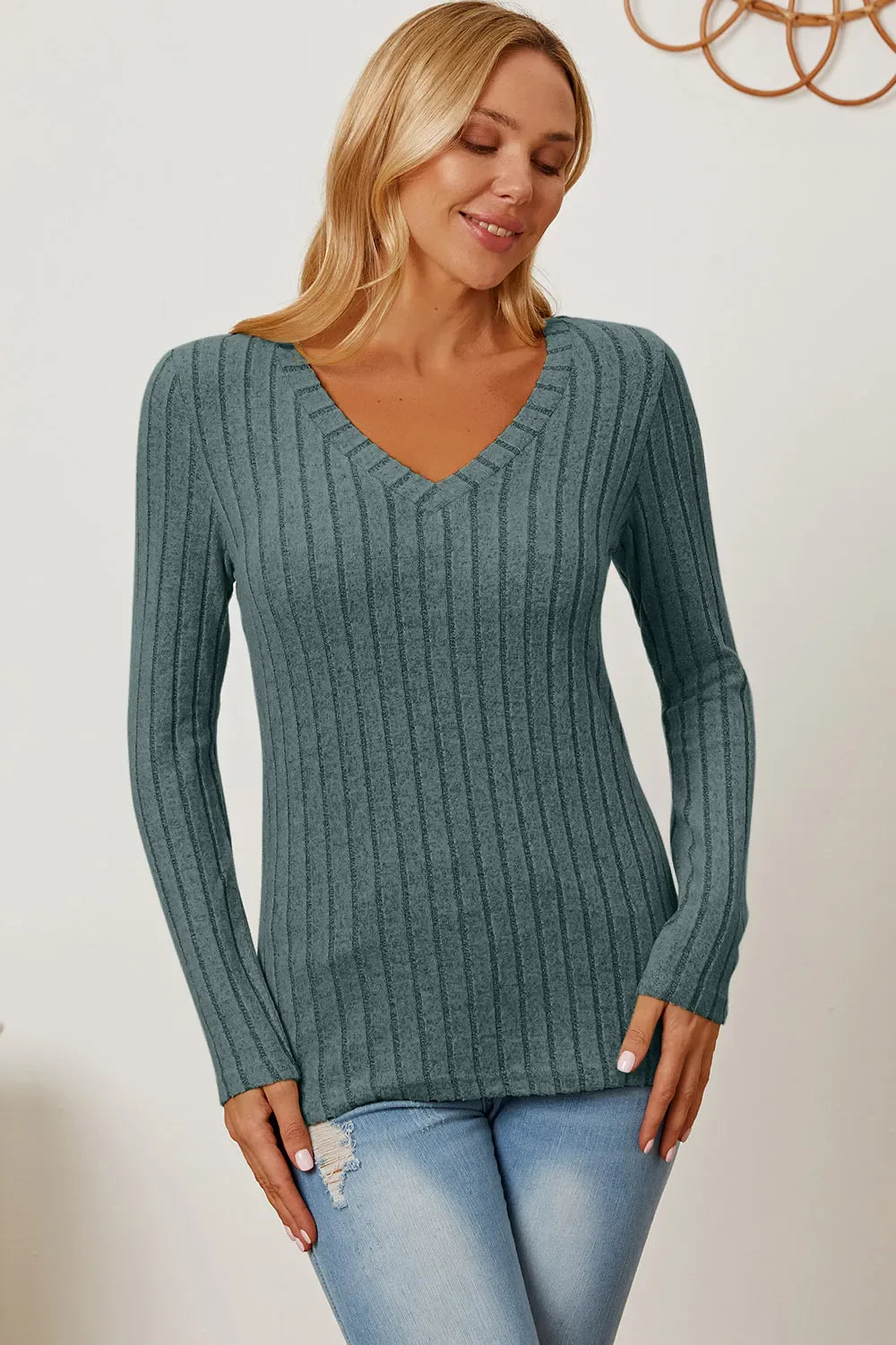 Basic Bae Full Size Ribbed V-Neck Long Sleeve T-Shirt New Era Fashion LLc