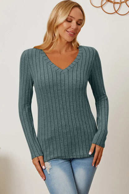 Basic Bae Full Size Ribbed V-Neck Long Sleeve T-Shirt New Era Fashion LLc